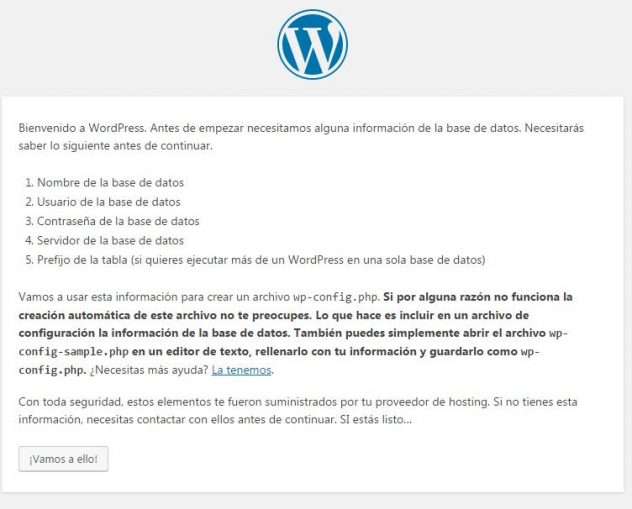 Inicio de la instalación de WordPress
