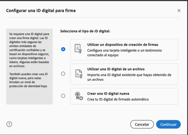 Opciones para crear un nuevo ID Digital en Acrobat Reader