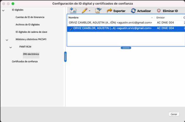 Certificados del DNIE-e visibles sin avisos en Acrobat Reader