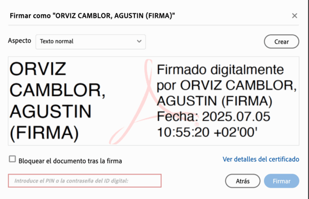 Pantalla de firma en Acrobat Reader donde nos pide el PIN para el acceso a la firma de nuestro DNIE-e